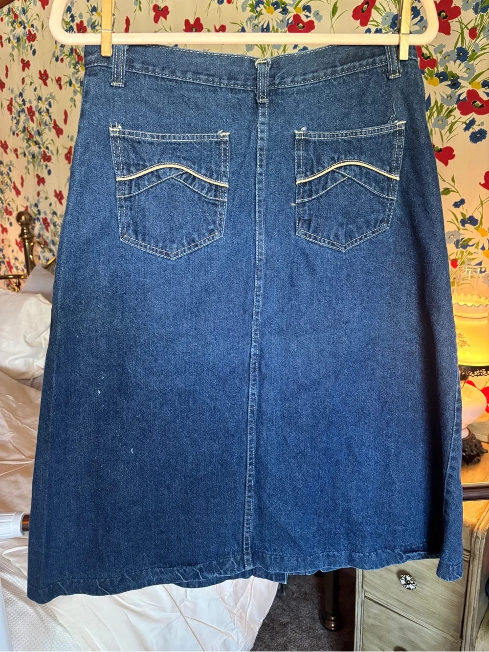 vintage 90s dark wash denim button front midi skirt fits s/m western boho euc